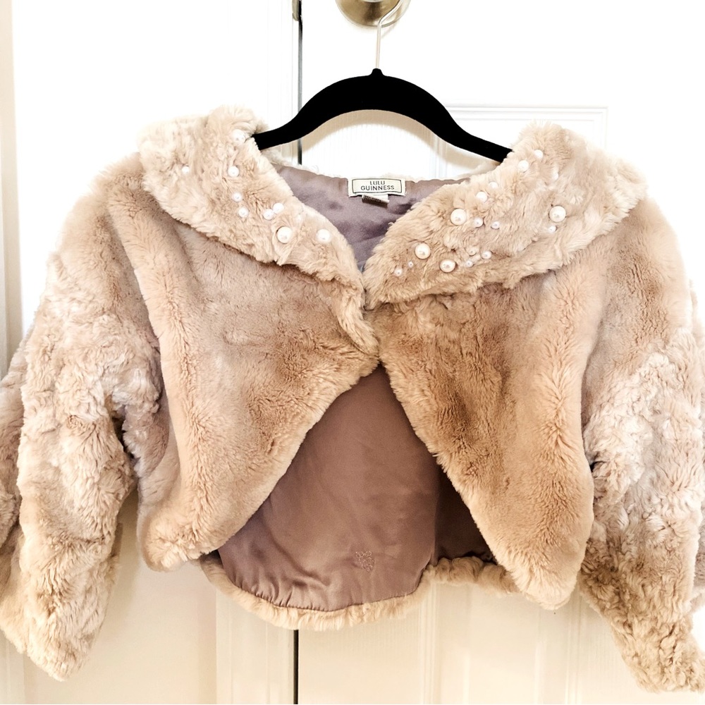 Vintage LULU GUINNESS faux fur cropped shrug with pearls on lapels.